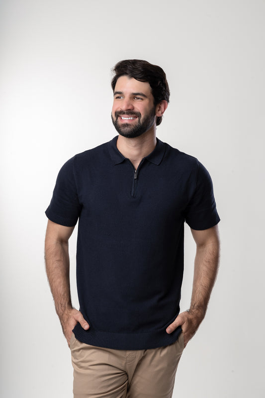 Polo Zíper Tricot - Marinho